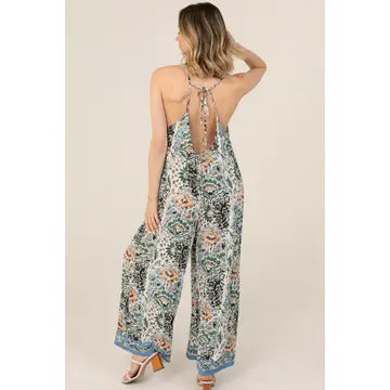 Printed Wide Leg Jumpsuit with Back Tie Detail