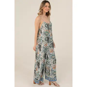 Printed Wide Leg Jumpsuit with Back Tie Detail