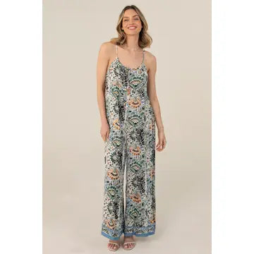 Printed Wide Leg Jumpsuit with Back Tie Detail