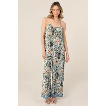 Printed Wide Leg Jumpsuit with Back Tie Detail