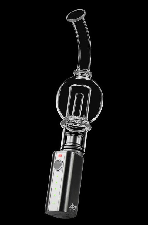 A close-up, angled view of the Pulsar APX Wax/Volt V3 Bubbler Attachment, showcasing its glass bubbler and metallic connection.
