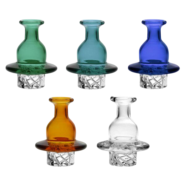 Front view of the Muli-Directional 37mm Carb Cap, displaying a clear glass design with a swirling internal pattern.