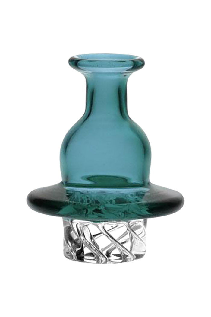 A slightly angled view of the Muli-Directional 37mm Carb Cap in translucent blue glass, showing its rounded, directional design.