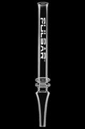 A front view of the Pulsar Quartz Dab Straw, showing a clear glass tool with a tapered tip and subtle ridges.
