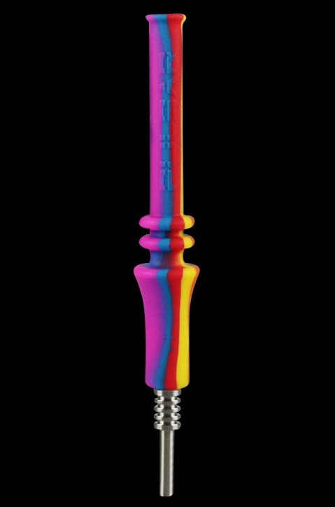 Front view of the Pulsar RIP Vapor Straw -Tie Dye, a slender, colorful straw-like device against a black backdrop.