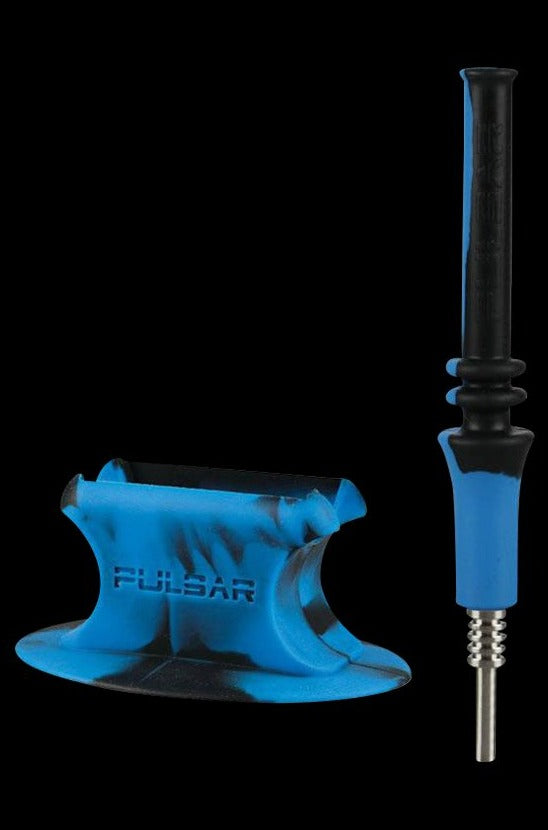 A close-up of the Pulsar RIP Vapor Straw with Stand in blue and black swirl, showcasing its slender design and accompanying stand.