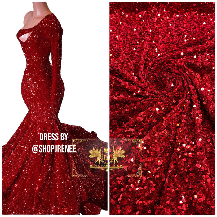 Red Sequin Fabric on Cranberry Stretch Velvet - by the yard - Sequins Velvet 2-Way Stretch