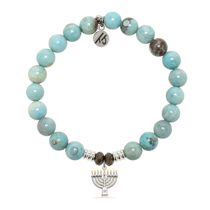 Robins Egg Agate Gemstone Bracelet with Menorah Sterling Silver Charm