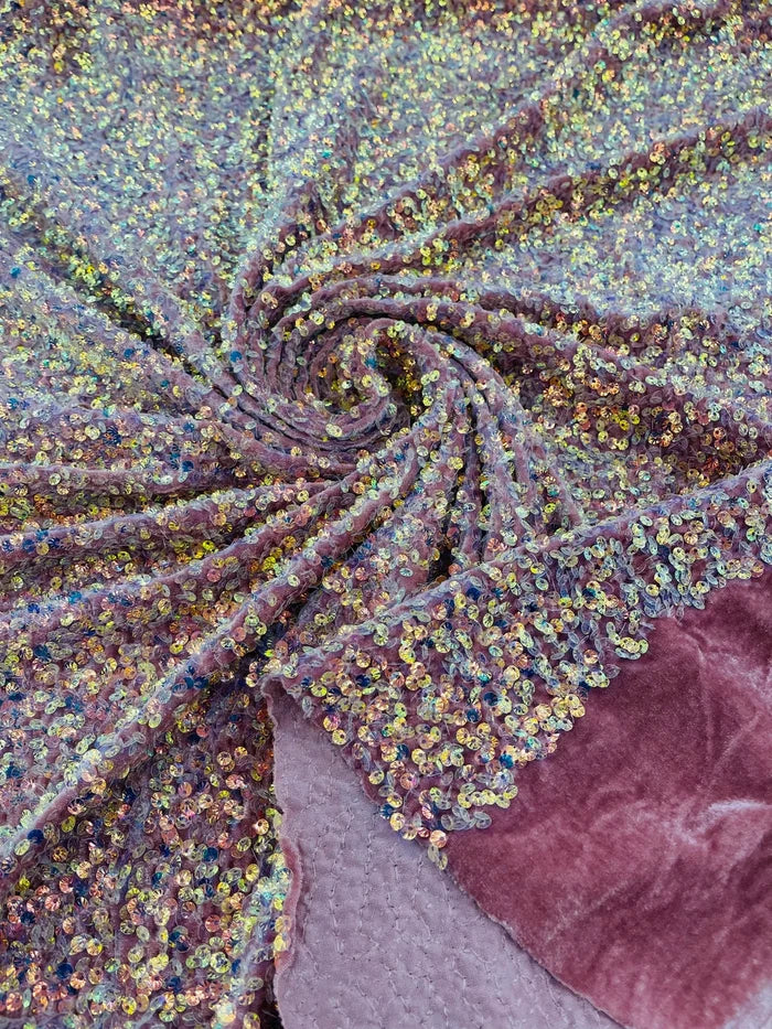 Sea Shell Sequins Velvet - Clear Iridescent on Dusty Rose -  Velvet Sequins Fabric By Yard