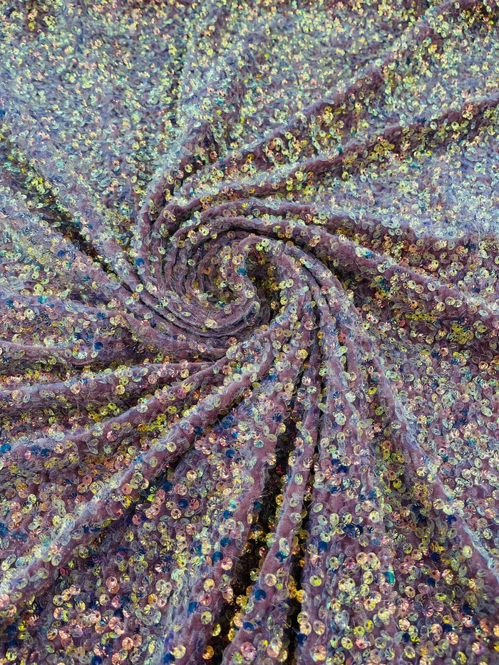 Sea Shell Sequins Velvet - Clear Iridescent on Dusty Rose -  Velvet Sequins Fabric By Yard
