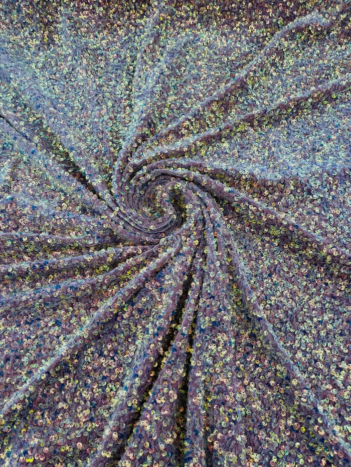 Sea Shell Sequins Velvet - Clear Iridescent on Dusty Rose -  Velvet Sequins Fabric By Yard