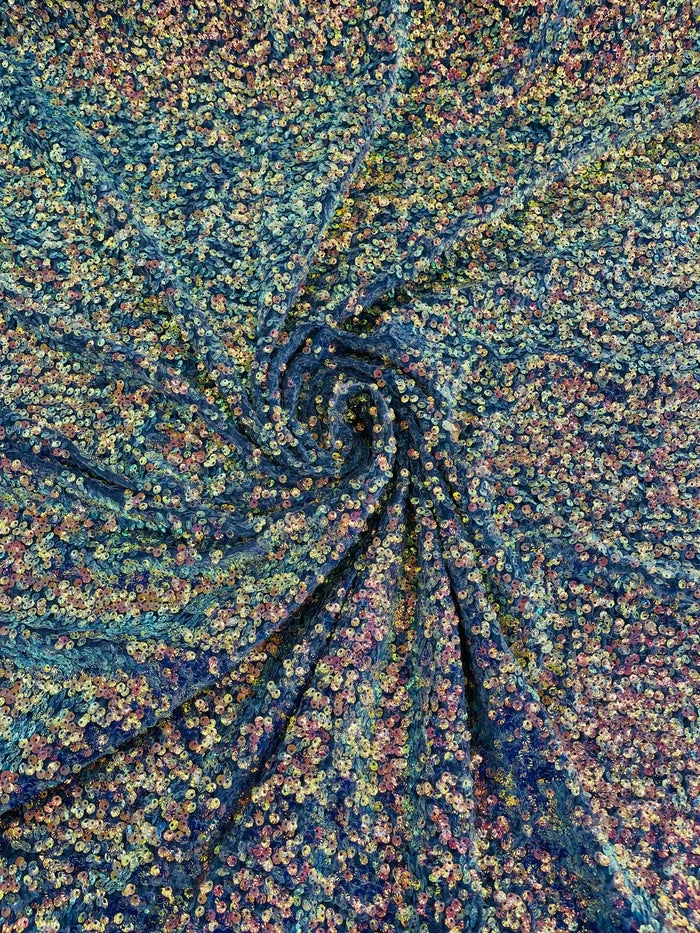 Sea Shell Sequins Velvet - Clear Iridescent on Gray - Velvet Sequins Fabric By Yard