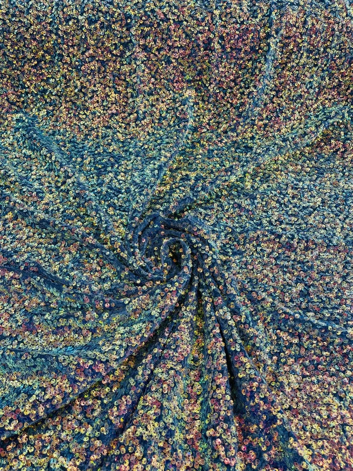 Sea Shell Sequins Velvet - Clear Iridescent on Gray - Velvet Sequins Fabric By Yard