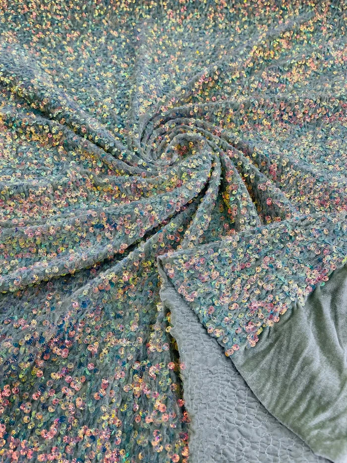 Sea Shell Sequins Velvet - Clear Iridescent on Sage - Velvet Sequins Fabric By Yard