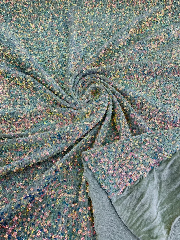Sea Shell Sequins Velvet - Clear Iridescent on Sage - Velvet Sequins Fabric By Yard