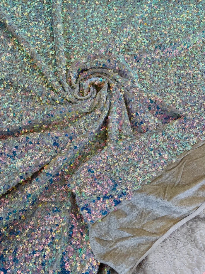 Sea Shell Sequins Velvet - Clear Iridescent on Taupe -  Velvet Sequins Fabric By Yard