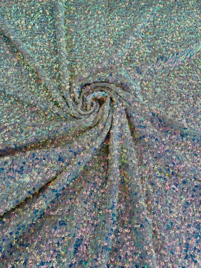 Sea Shell Sequins Velvet - Clear Iridescent on Taupe -  Velvet Sequins Fabric By Yard
