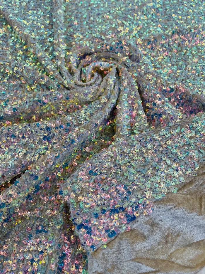 Sea Shell Sequins Velvet - Clear Iridescent on Taupe -  Velvet Sequins Fabric By Yard
