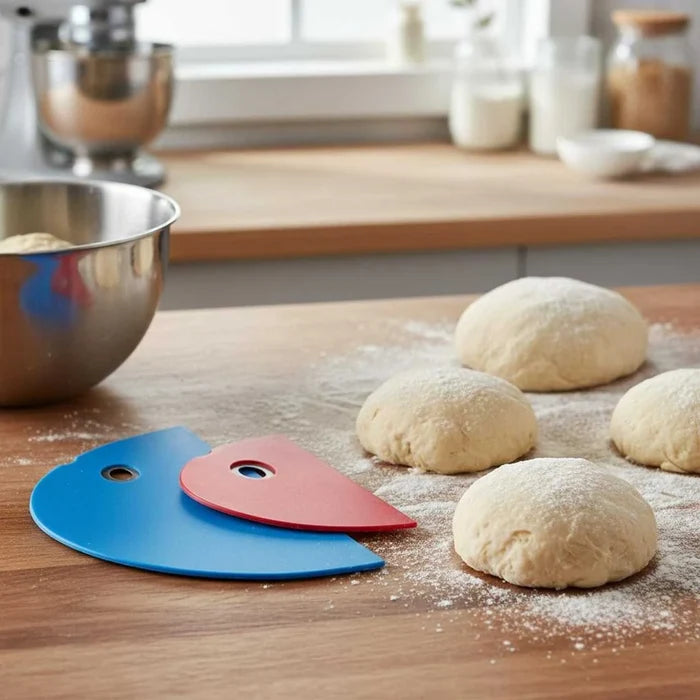 Messermeister silicone bowl scraper set with two flexible, heat-resistant scrapers for baking and dough handling.