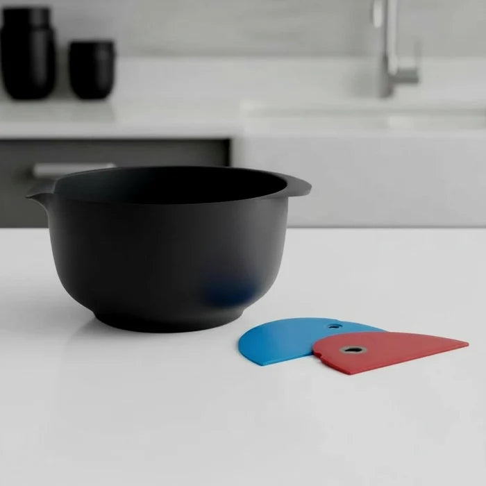 Messermeister silicone bowl scraper set with two flexible, heat-resistant baking tools for mixing and scraping bowls.
