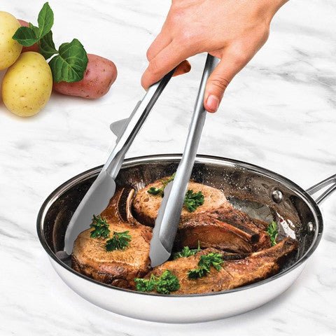 Gray Tovolo Silicone Tip Top Tongs for cooking, featuring heat-resistant silicone tips and stainless steel handles.