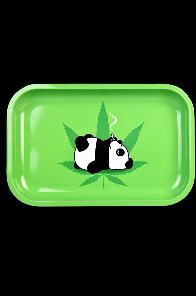 Overhead view of the Smoking Panda Rolling Tray featuring a cartoon panda design on a rectangular metal surface.