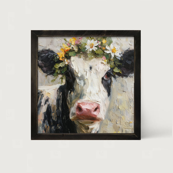 Spring Season Cow with Floral Crown - Framed Art