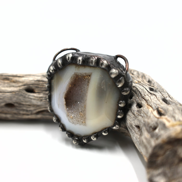 Studded Double Ring Druzy Agate Pentagon Soldered Pendant (OAK101)