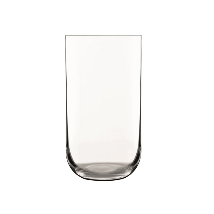 A set of four clear Luigi Bormioli Sublime Beverage Glasses, each with straight sides and a slightly rounded base, is displayed against a plain white background.