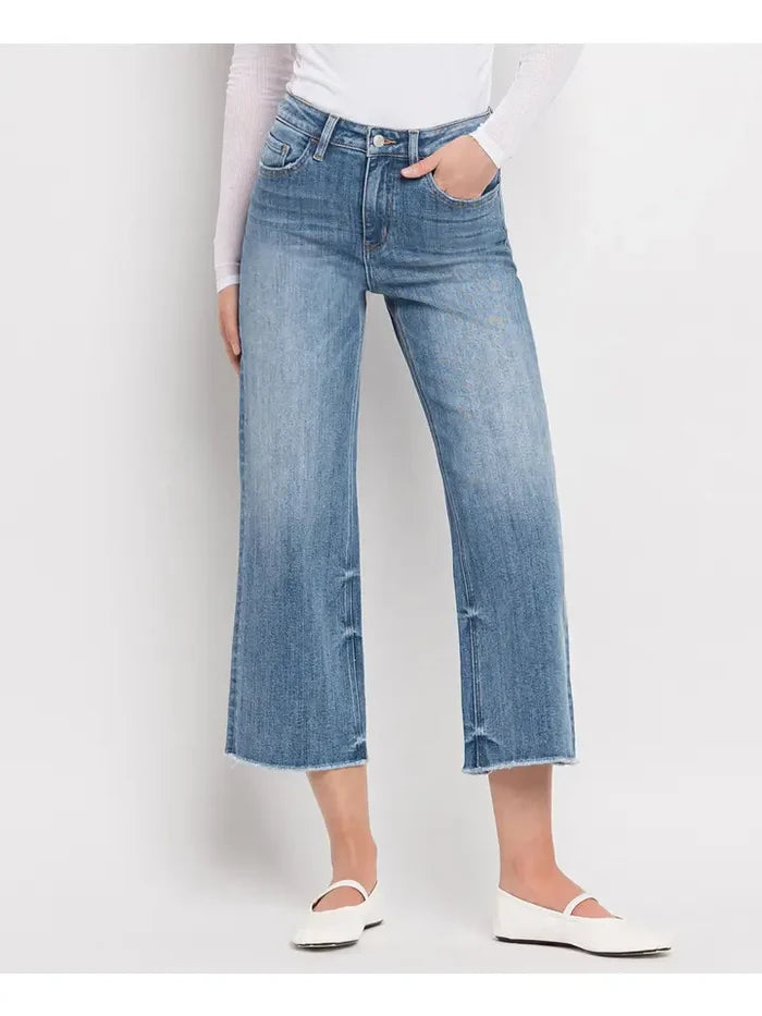 Super High Rise Raw Hem Crop Wide Leg Jeans