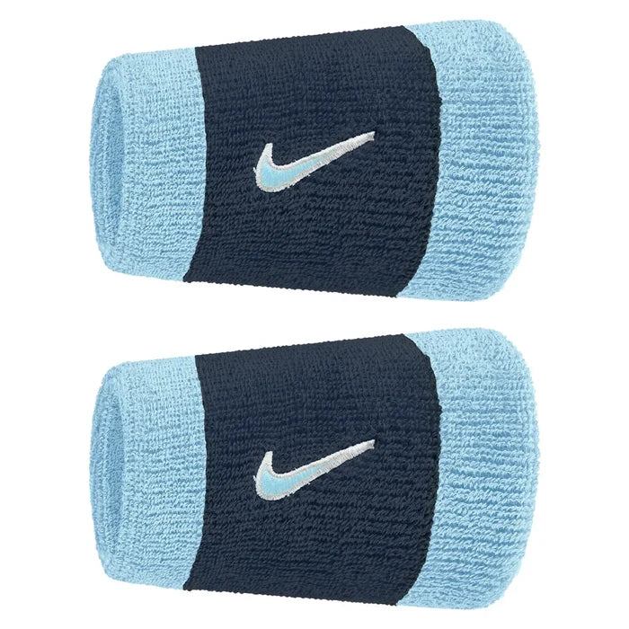 Swoosh Classic Doublewide Wristbands 2 Pack, Nike, 403 Aquarius Blue/College Navy, Tennis Express, N1012406-F26-403-AQUARIUS-BLUE-COLLEGE-NAVY-1