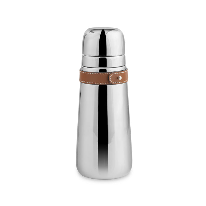 The Nambe Tahoe Cocktail Shaker features polished stainless steel with a rounded cap and a brown leather strap near the top, shown against a white background—an elegant addition to any barware collection.