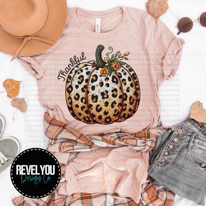 Thankful Embroidered Leopard Pumpkin  - PNG