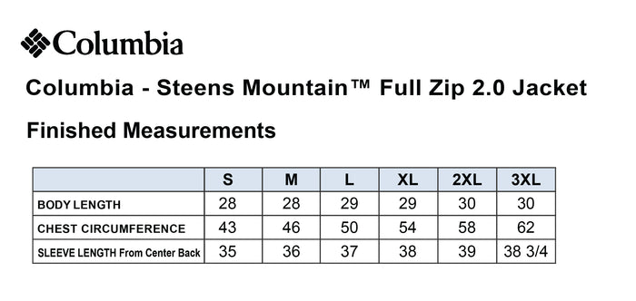 The Citadel, Club Sport - Surfing Team, Columbia - Steens Mountain™ Full Zip 2.0 Jacket - Finished Measurements