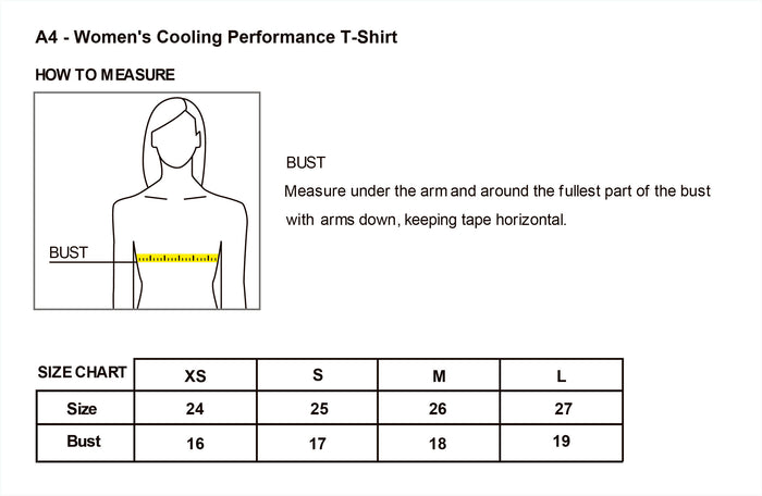 The Citadel, Club Sports - Rugby, A4 Ladies' Cooling Performance T-Shirt - Size Chart