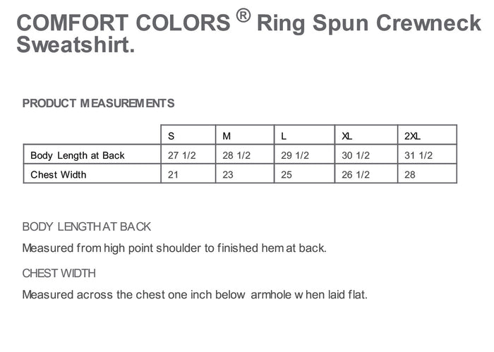 The Citadel Mom, Customizable (Cadet Year) Embroidered, Comfort Colors ® Ring Spun Crewneck Sweatshirt - Size Chart