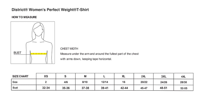 The Citadel, Americana, District ® Women’s Perfect Weight ® T-Shirt - Size Chart