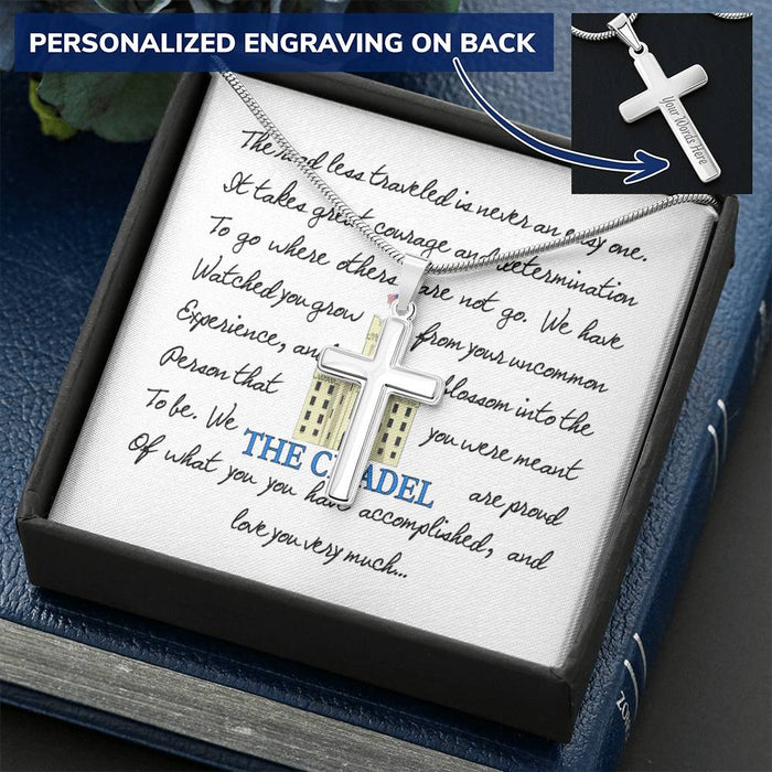 The Road Less Traveled Custom Engravable Cross Necklace