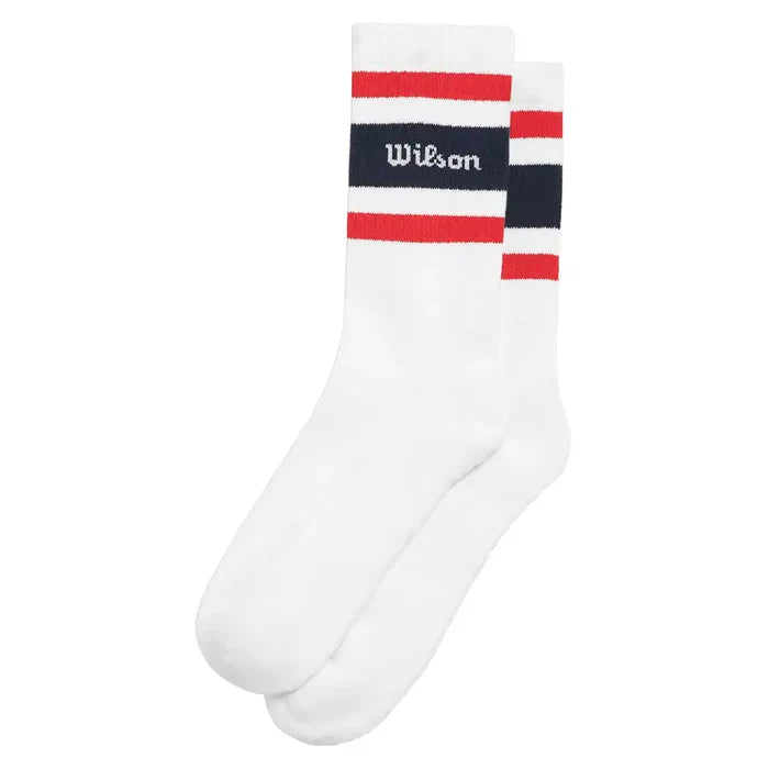 Unisex Crew Stripe Script Socks Bright White and Infrared