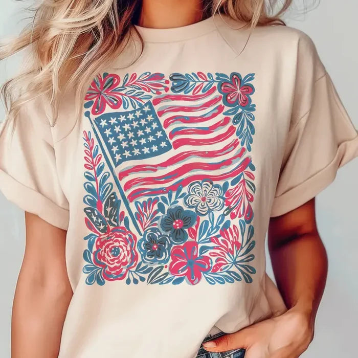 USA Boho Flag Floral Red Blue Patriotic Retro Graphic Tee