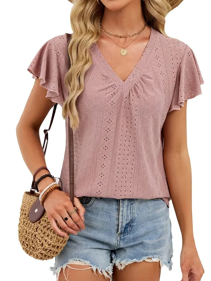 V Neck Flutter Sleeve Eyelet Top Casual Summer Blouse