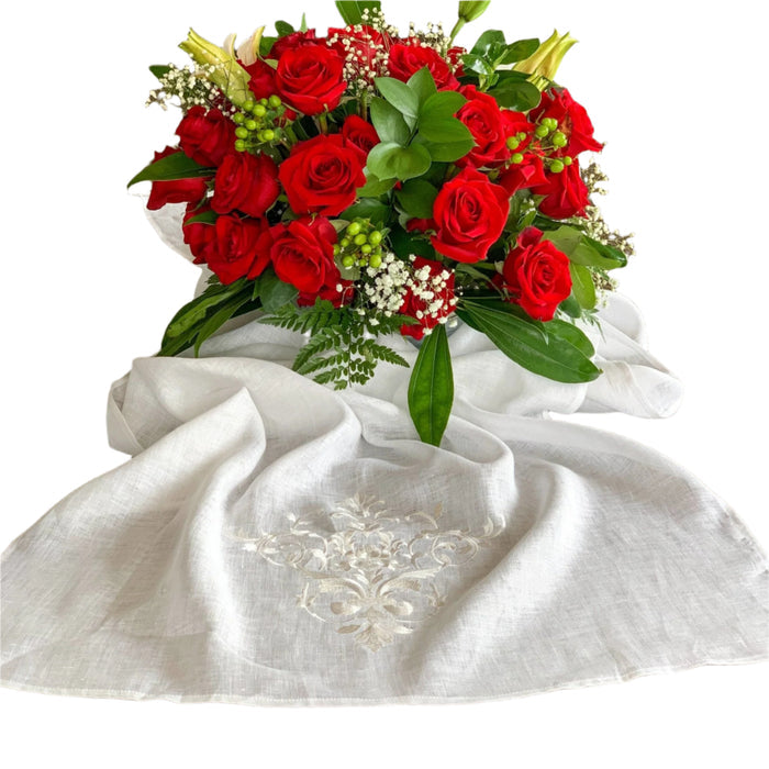Victorian scarf-style table runner by Crown Linen Designs, elegant lace and floral pattern on white linen fabric.