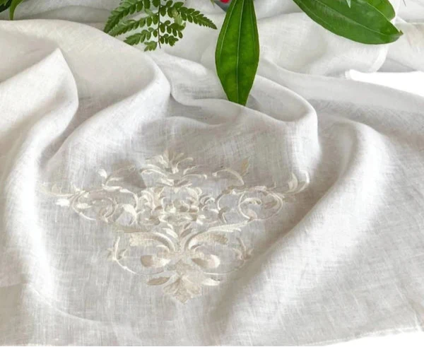 Victorian scarf table runner by Crown Linen Designs, featuring elegant vintage-style lace and intricate embroidery on fabric.