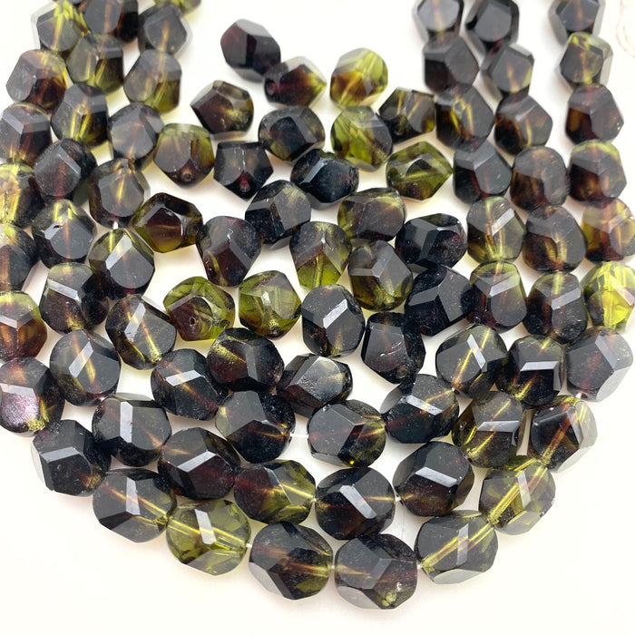 Vintage 1970's Dark Seaweed/Olive Green Table Cut Czech Glass Beads (11x12mm) (GCG139)