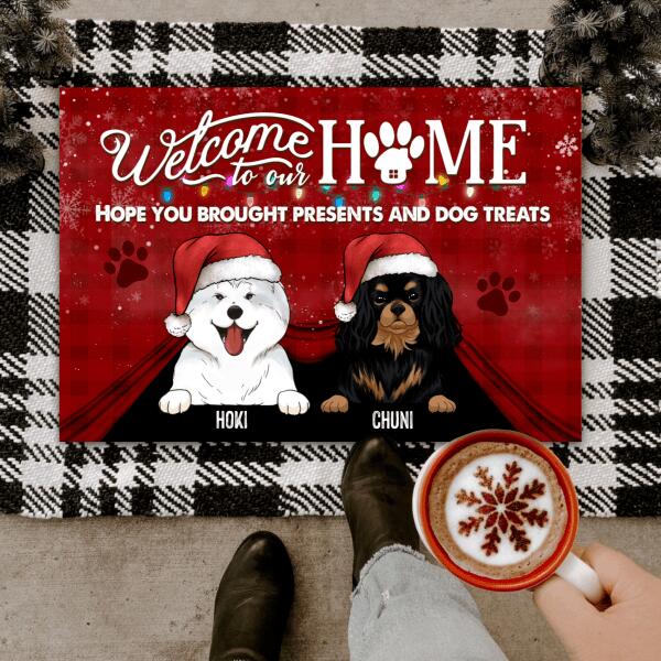 Welcome To Our Home Hope You Brought Presents And Dog Treats Doormat