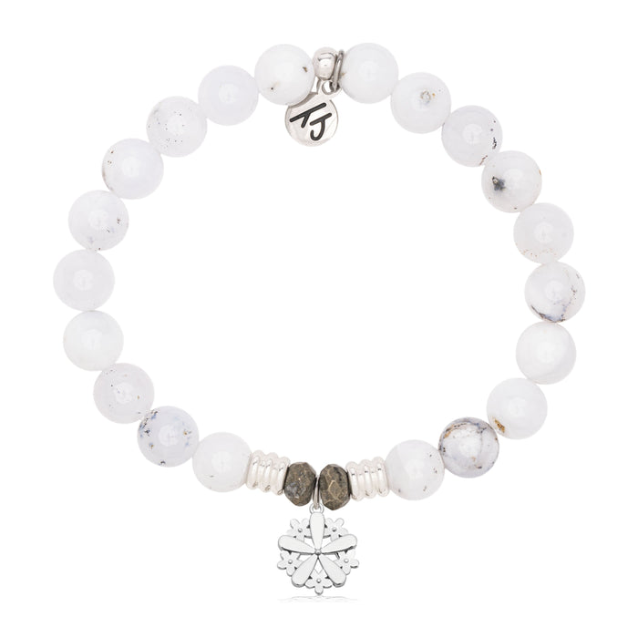 White Chalcedony Bracelet with Thank You Flower Sterling Silver Charm