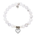 White Chalcedony Gemstone Bracelet with Family Heart Cutout Sterling Silver Charm