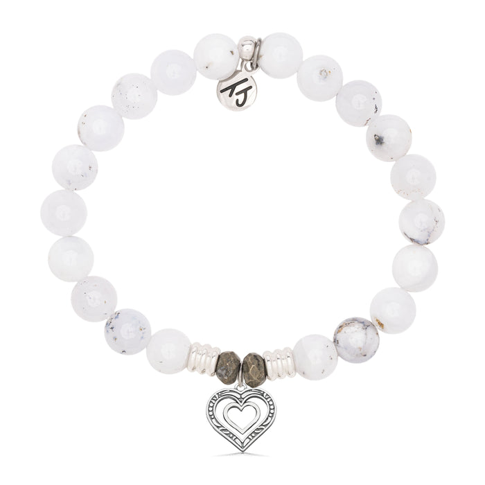White Chalcedony Gemstone Bracelet with Family Heart Cutout Sterling Silver Charm