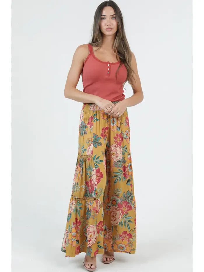 Wide Leg Pants with Lace Inserts