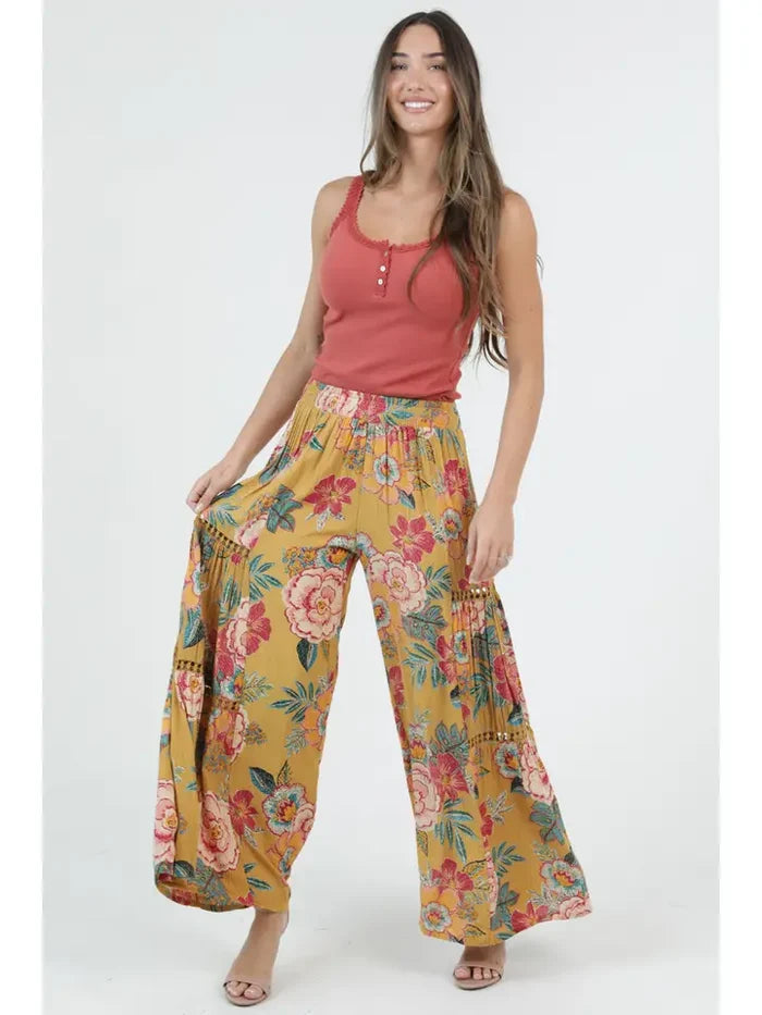 Wide Leg Pants with Lace Inserts